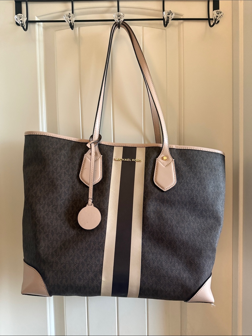 Michael Kors Brown Canvas Tote with Pale Pink Trim and Navy Stripe